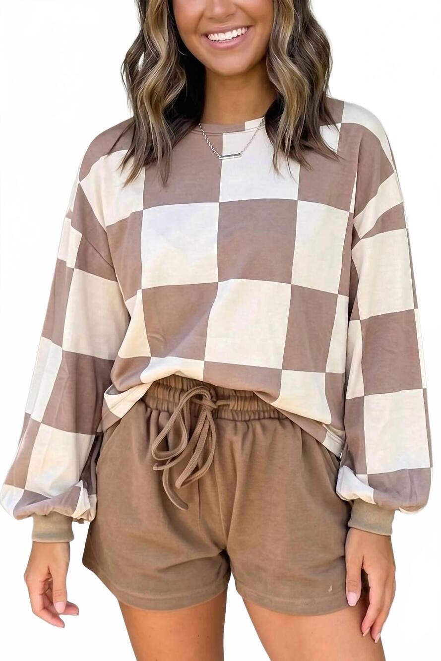 NEW 1 THE WOMAN plaid long sleeve two piece set shift pantsuit in khaki